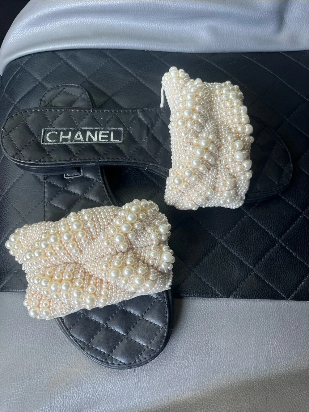 CHANEL Pearl-Embellished Black Slide Sandals with Ivory Beaded Straps